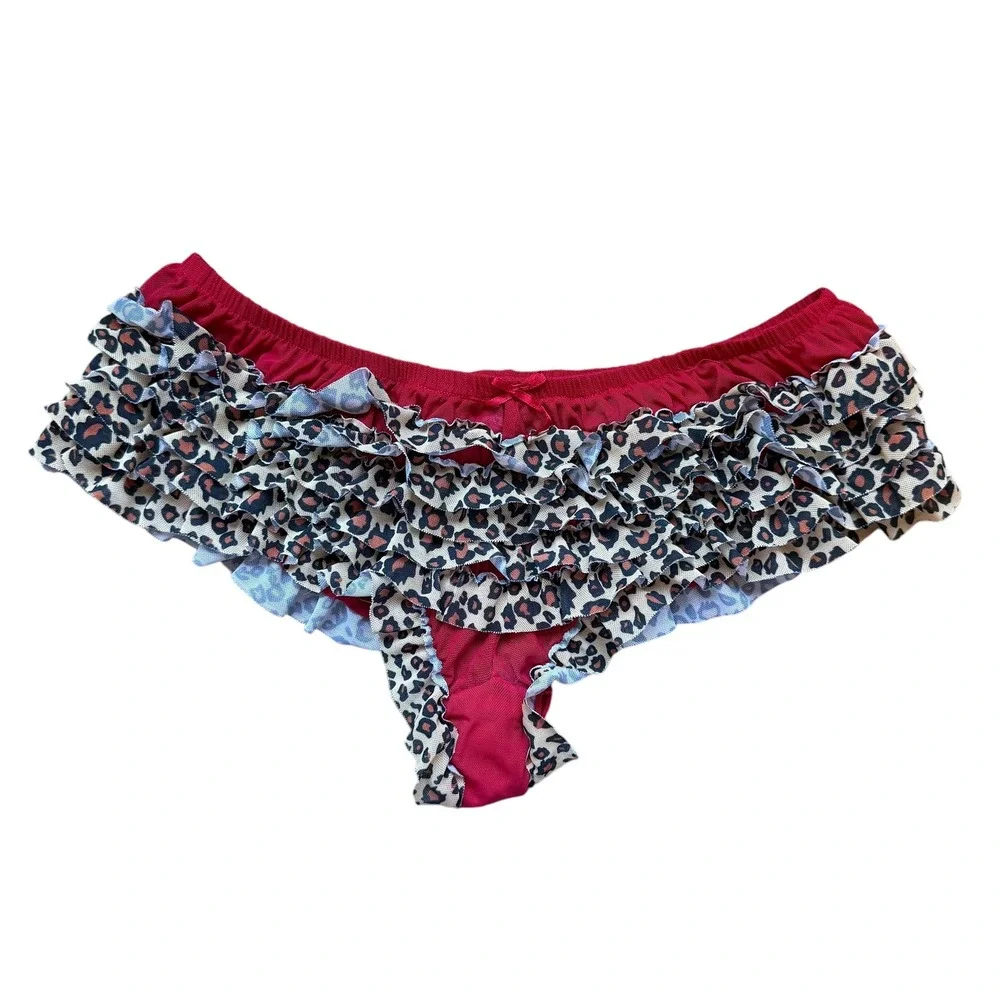Red Leopard Print Ruffle Mesh Cheeky Panties Low Rise Animal Print Size M